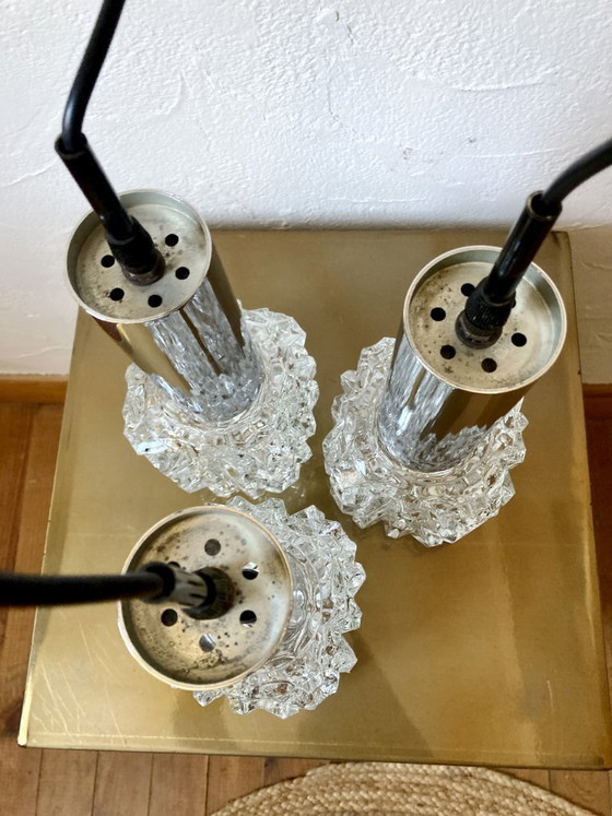 Image 1 of Lampadario a sospensione vintage a cascata a 3 luci – Vetro sfaccettato e cromo, anni '60/'70