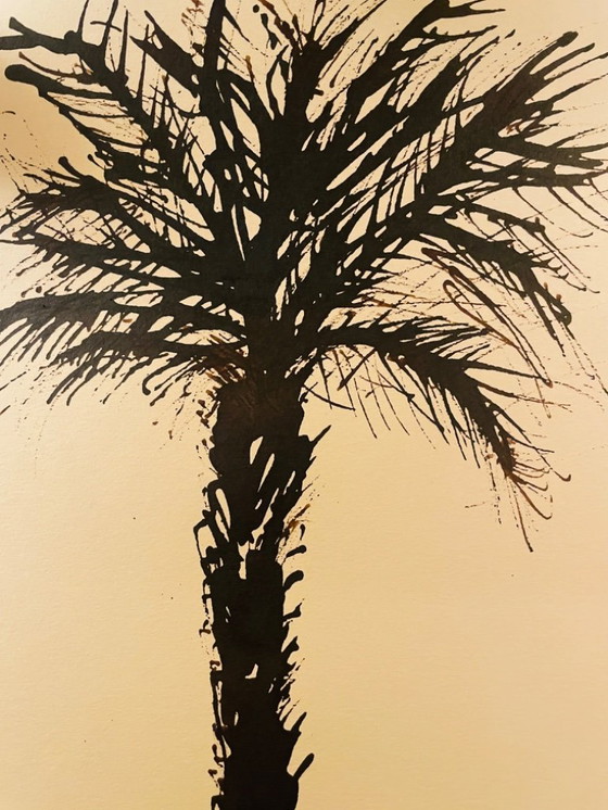 Image 1 of Acuarela monocromática firmada "Palmera al atardecer"