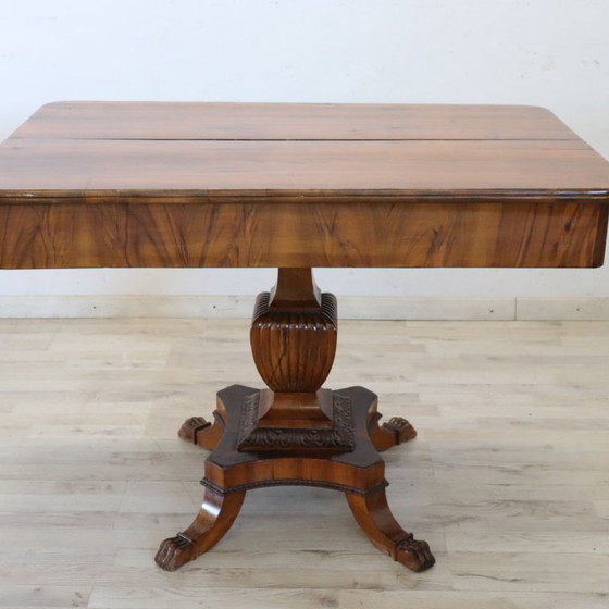 Image 1 of Table d'appoint ou table à thé ancienne en noyer, à un tiroir, extensible, Italie, XIXe siècle