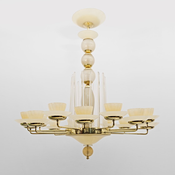 Image 1 of Mid Century Modern Style Messing und Muranoglas Großer Kronleuchter
