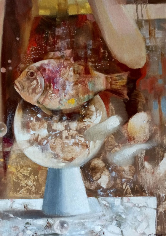 Origineel olieverfschilderij, abstract figuratief meisje, surrealisme, zwevende vis (photo 7 of 10)