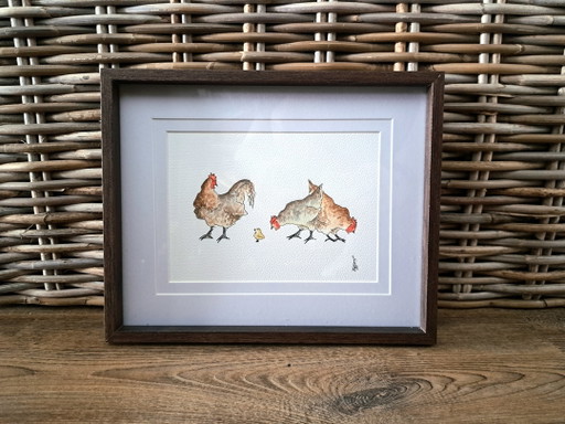 Original watercolor painting of chickens including frame
