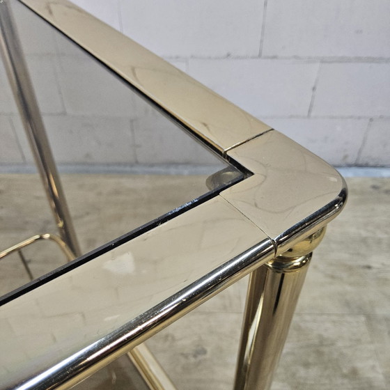 Vintage golden brass bar cart / trolley smoked glass shelves (photo 7 of 15)