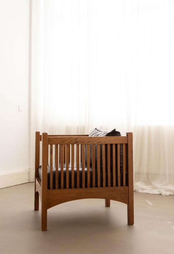 Pair of Stickley Mission Style Armchairs 1990s Wide & Sculptural Design, Bijenkorf, Wood, Black (photo 3 of 5)