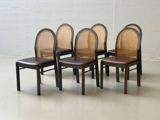 Set van 6 stoelen met rieten en lederen zittingen van Dietiker, jaren 80.