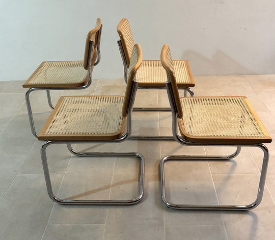Image 1 of Set di sedie da pranzo a sbalzo in canna modello B32 in cromo di Cesca Italia, design di Marcel Breuer