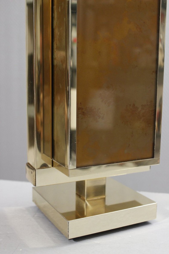 Image 1 of Philippe Cheverny - Grote messing lampvoet met omgekeerd beschilderd glas, Frankrijk, jaren 70