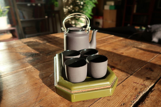 Image 1 of Vintage 1970s Vietnamese Ceramic Tea Set with Lacquered Tray, Hanoi – Minimalist - 2C30