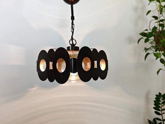 Image 1 of Lampe pendante vintage par Sijaj Hrastnik / Lampe suspendue Mid Century Modern / Lustre rétro géométrique en verre et marron, 19