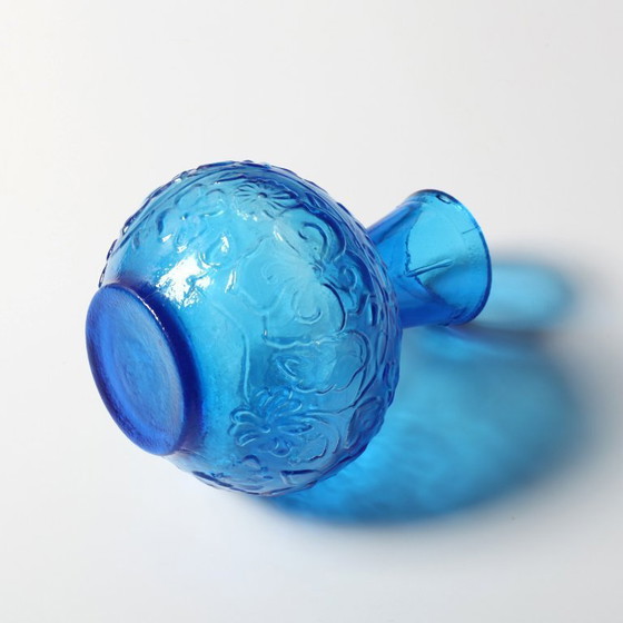 Image 1 of Vintage Small Blue Pressed Glass Vase with Flowers Pattern / Mid-century Home Decor / Italy / 1960s