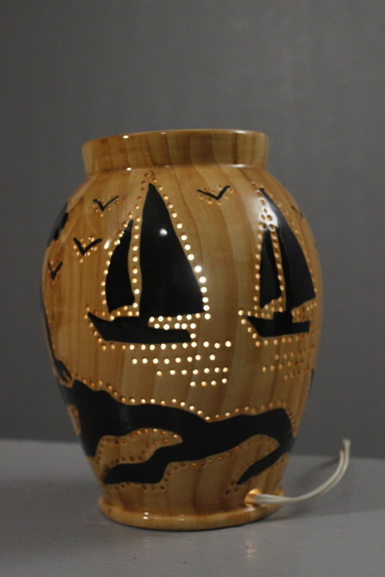 Image 1 of Grandjean Jourdan in Vallauris - Sfeerlamp met opengewerkte details en maritiem tafereel, jaren 1950