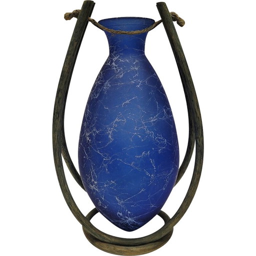 Vase vintage en verre et bois, France