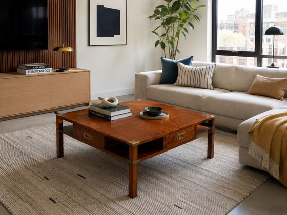 Table basse militaire vintage – Bois et laiton – Environ 100 x 100 cm – Tables basses, Wood (photo 11 of 11)