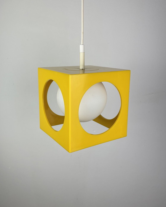 Image 1 of Space Age Ceiling Lamp, Richard Essig, Yellow Minimalistic Cube Design, 1970s, Retro-Futuristic Lamp, Germany, Sputnik Design