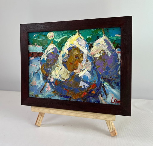 Original Oil Painting Winter Village Landscape Where time stopped