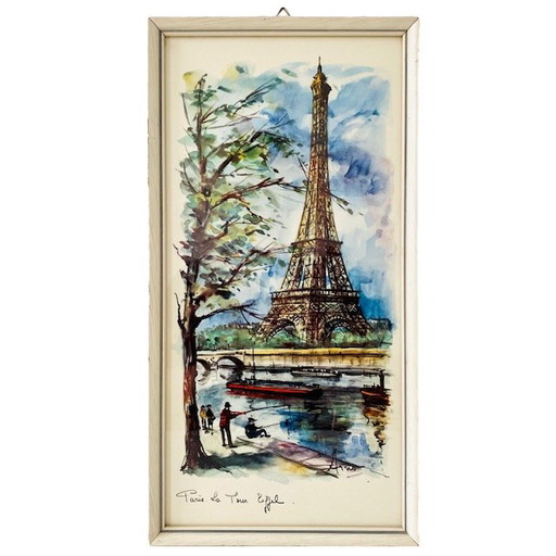 Mid - Century watercolor painting Paris Eiffel Tower Arno 1970's