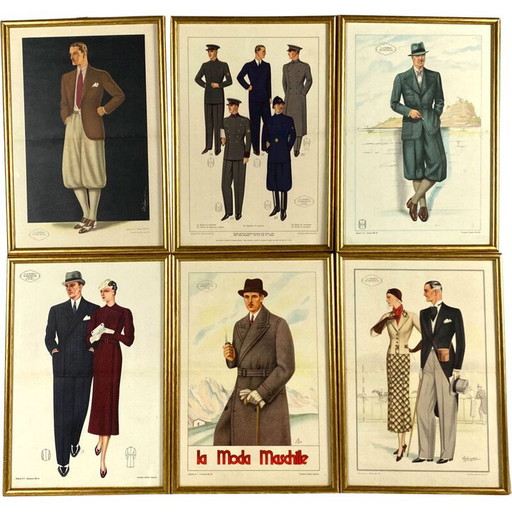 Satz von 6 Vintage-Illustrationen "La Moda Maschile" in vergoldetem Holz mit Glas, Italien 1930