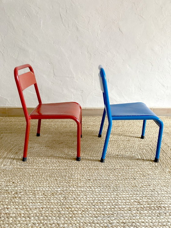 Image 1 of Pair of Mullca nursery chairs in metal and wood painted red and blue, 1950s