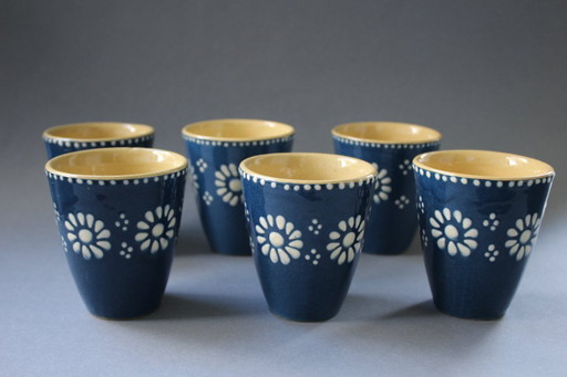 Vintage stoneware drinking cups, blue with white flowers, 6 pieces