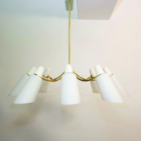 Image 1 of Vintage Sputnik chandelier with 8 opaline shades by Stilnovo Style, Italy 1950