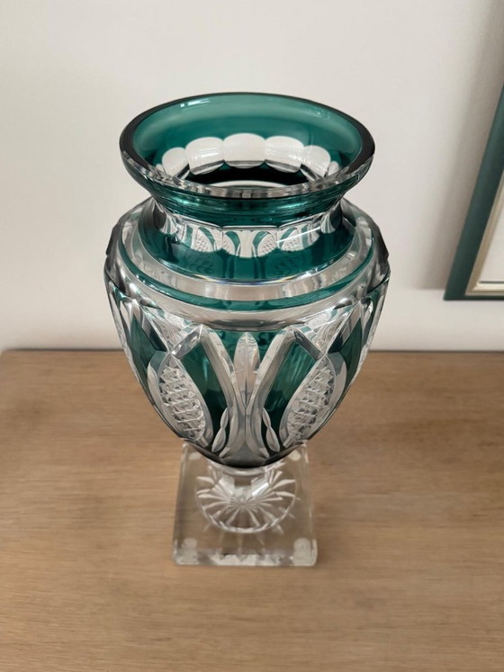 Geschliffene Kristallvase, grün, Val Saint Lambert, Vasen, Klassiek (Foto 2 von 5)