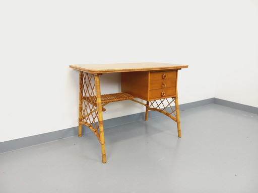 Vintage Louis Sognot desk in rattan and wood from the 60s