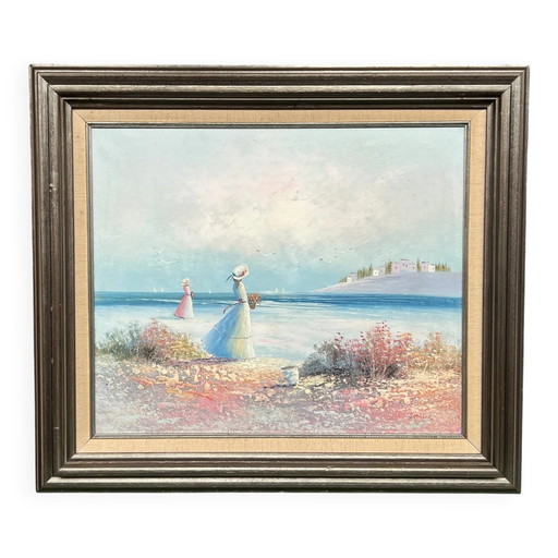 J. Miller. "Wandel langs de rivier." Olieverf op doek. Impressionisme. – schilderijen tekeningen, Canvas, Vintage