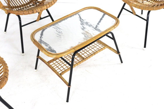 Image 1 of Set of 3 rattan armchairs + vintage rattan coffee table, Rohe, Noordwolde