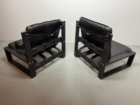 Image 1 of Beautiful Mid-Century Set of 2 Black Leather Brutalist Lounge Chairs, Designed by Sonja Wasseur (Amsterdam). 1970s.