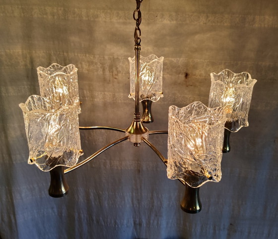 5-lichts verguld messing en perspex Kroonluchter - jaren 60/70 – Brass (photo 5 of 10)