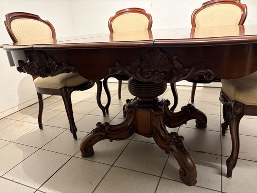 Antiker Collisen-Tisch mit einer massiven Mahagoni-Zwischenplatte und 6 Mahagoni-Stühlen