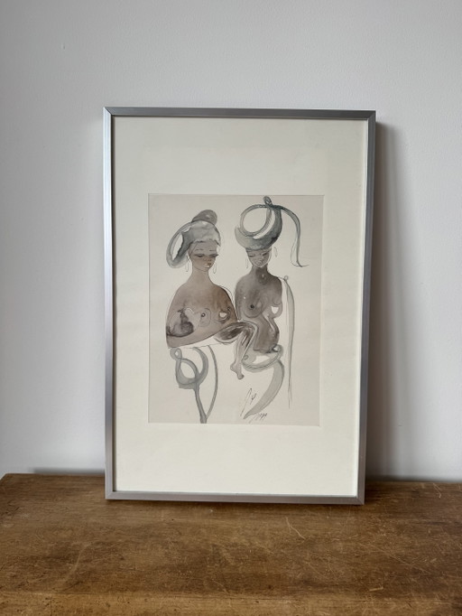 Dessin original d'art moderniste africain de 1979 - Maternité (Aquarelle et encre) – schilderijen tekeningen, Aluminium