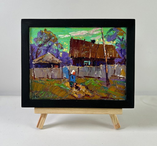 Original Oil Painting Evening Village Landscape The sky at dusk