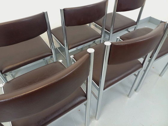 Image 1 of Set di 6 sedie vintage anni '70 in metallo cromato e similpelle marrone