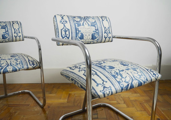 Image 1 of Bauhaus Cantilever Chairs, Portuguese Blue and White Tile Azulejo Upholstery Dining Chairs, Chromed Steel Frame Seating Set of 2