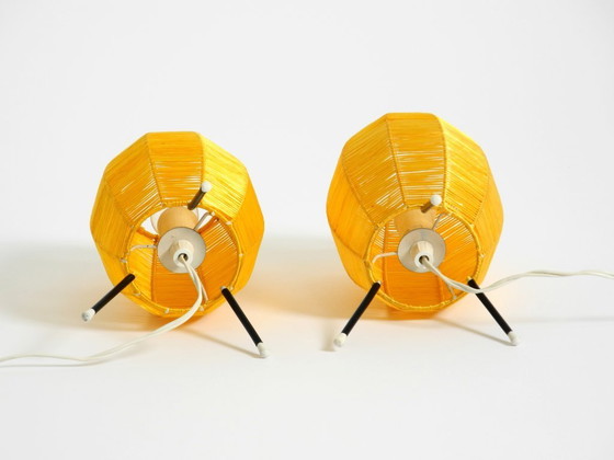 Image 1 of Two beautiful Mid Century modern tripod raffia table lamps