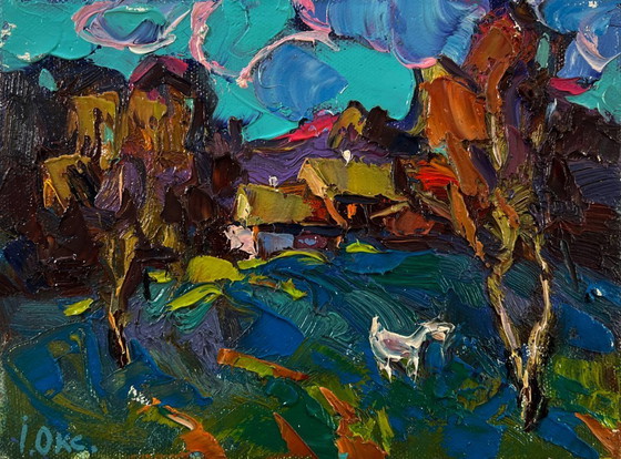 Original Oil Painting Summer Houses Landscape Day Outside The Village – Paintings & Drawings, Canvas (photo 3 of 8)