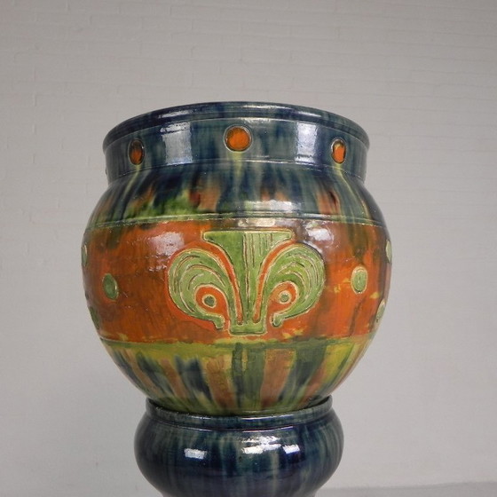 Image 1 of Flemish flowerpot on pedestal, ceramic, 1920s