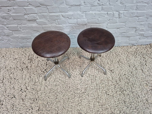 Set of Two Vintage Design Low Bar Stools, Tubular Steel, Brown Leatherette. The Netherlands, 1960s