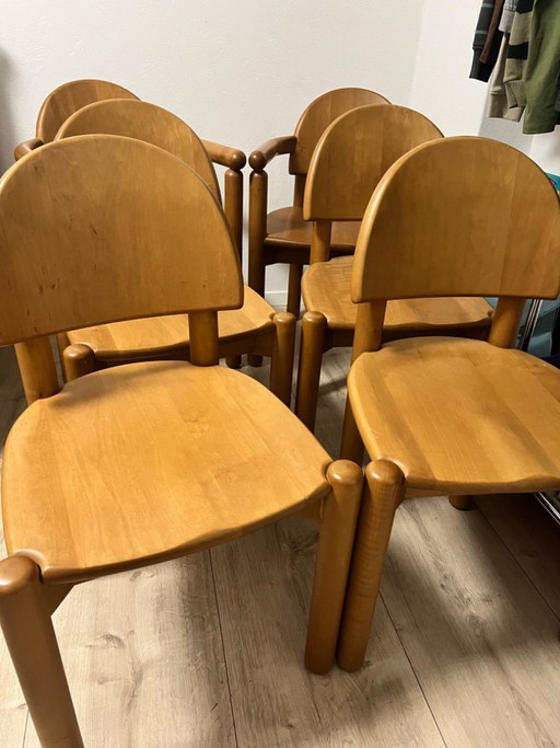 Ensemble de 6 chaises de salle à manger en hêtre massif, signées Rainer Daumiller, années 1970/1980
