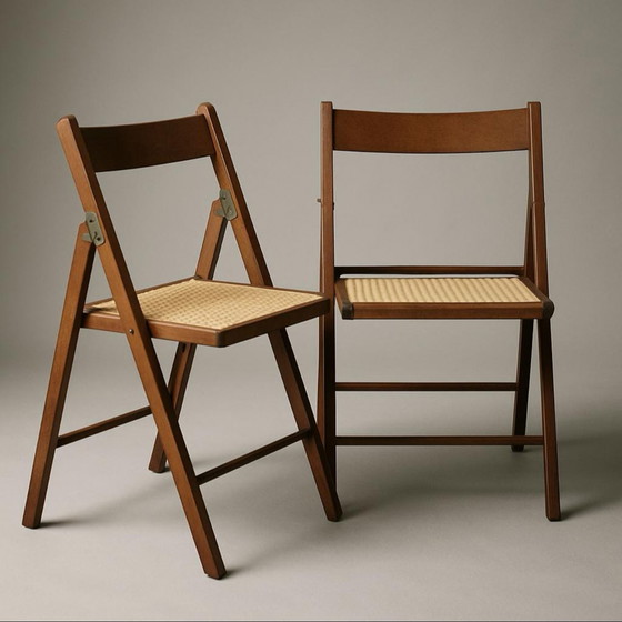Image 1 of 4 x Chaises pliantes en bois cannées Mid Century - design italien avec cannage en sangle