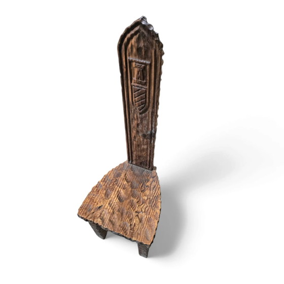 Brutalist primitive hall chair / hand-carved from solid wood and detailed with beautiful gouge woodwork (photo 6 of 9)