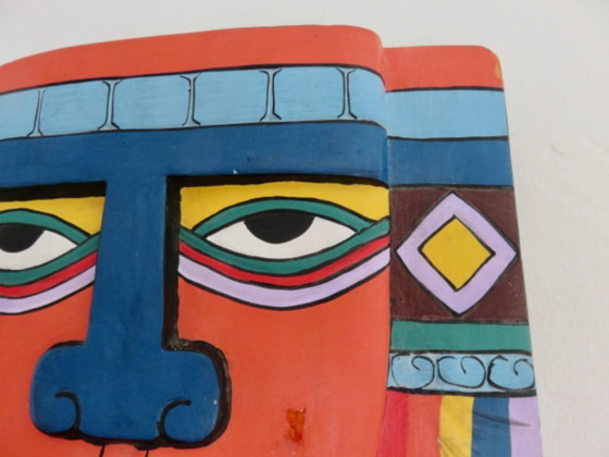Image 1 of Masque aztèque « Laurel Burch », maya, bois peint à la main, pop art, 1980