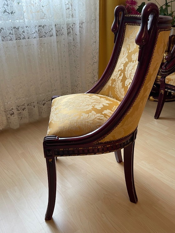 Set di 12 Sedie da Pranzo Stile Impero – Intagli a Collo di Cigno – Textile, Wood (photo 4 of 12)