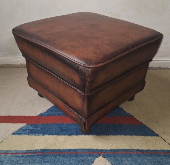 Pouf/ottoman vintage en cuir marron châtaigne – Poufs & repose-pieds, Leather (photo 8 of 11)