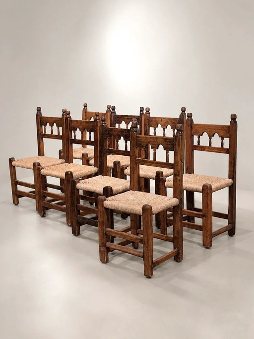 Set van 8 brutalistische, handgesneden eetkamerstoelen, Spanje (photo 2 of 8)