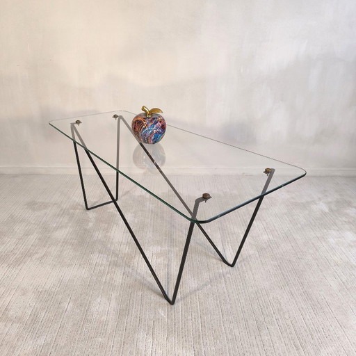 😍 Stunning AIRBORNE asymmetrical coffee table, 1950s style, glass and lacquered metal, Made in Montreuil 😍