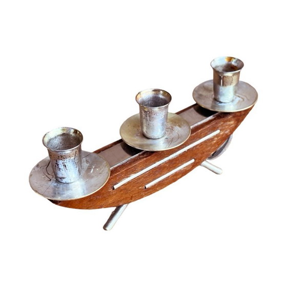 Image 1 of Stylish mid‑century modern candlestick JRUS‑Metall GmbH – wood+metal Germany 1960s