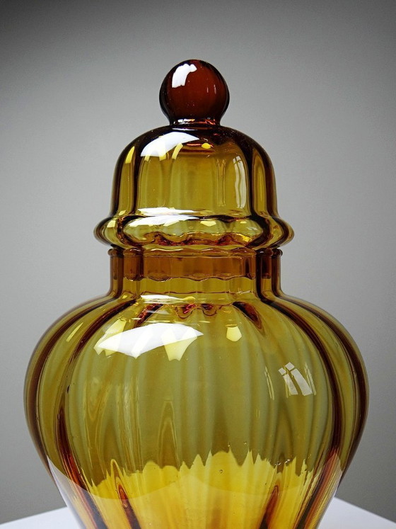 Image 1 of Snoepkom van geblazen amberkleurig glas uit Empoli, Italië, vintage jaren 1980-1990.