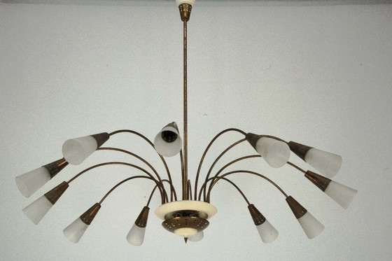 Image 1 of Large Italian Mid-Century Sputnik Brass Chandelier with Satin Glass, 1950s